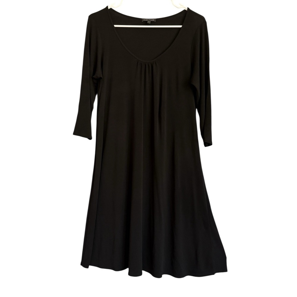 Eileen Fisher Dress SZ Medium 100% Silk‎ 3/4 Sleeve Tunic Top Mini Stretch